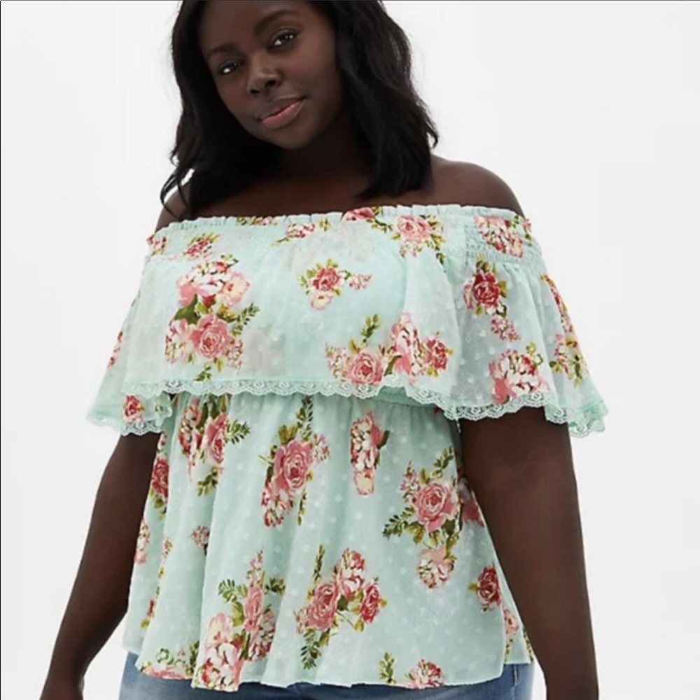 Torrid size 3 Off shoulder green floral blouse